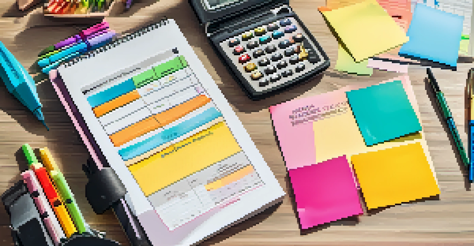 An open financial planner on a table, surrounded by colorful stationery, displaying a monthly budget layout.