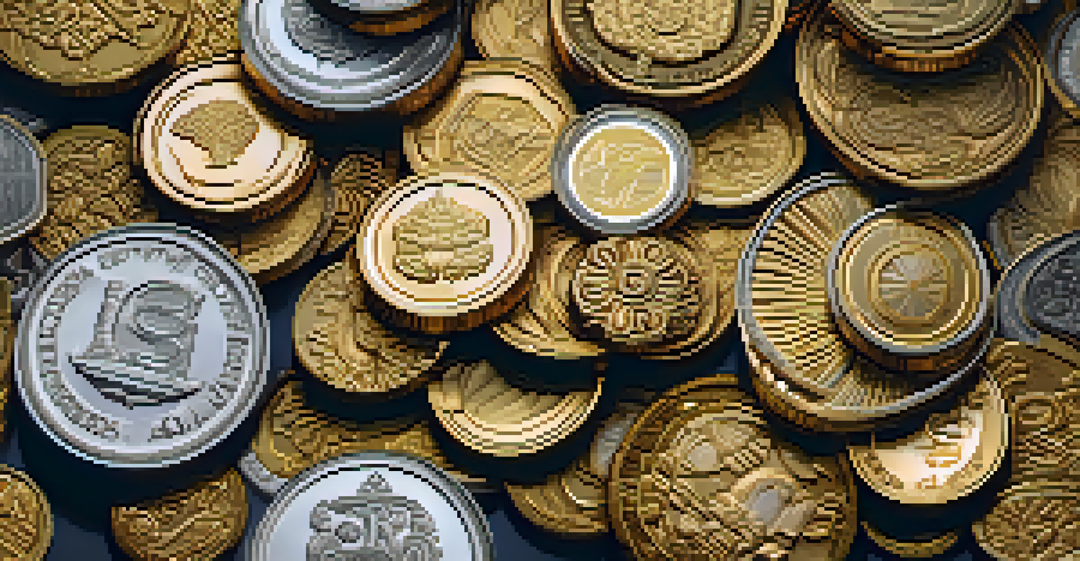 Close-up of gold and silver coins stacked on a dark velvety surface, highlighting their shine and intricate details.