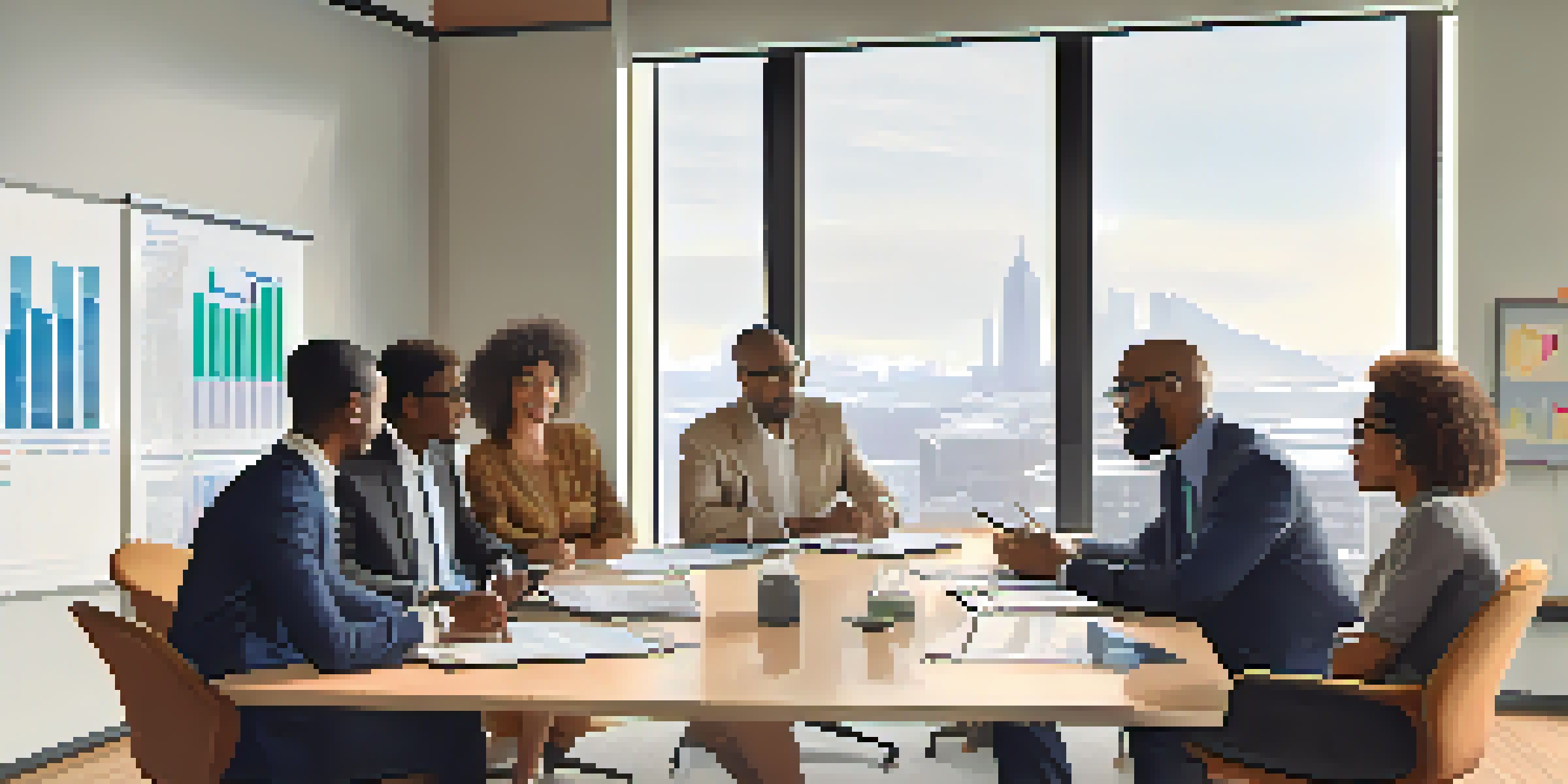A diverse group of professionals in a modern conference room discussing an investment project, with documents and charts on the table.