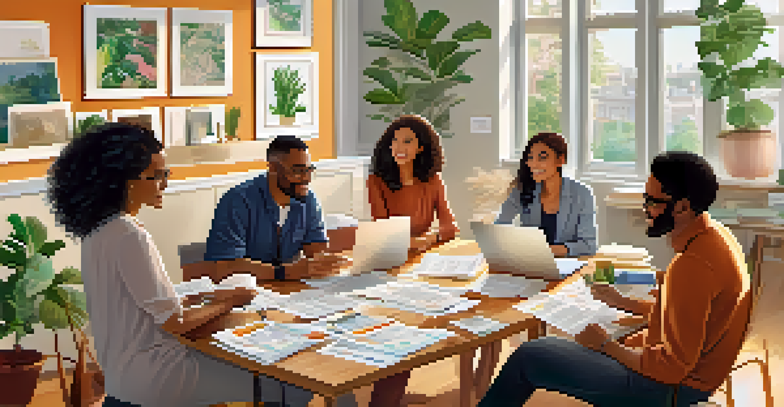 A group of friends discussing investments at a table filled with financial documents and laptops in a bright living space.