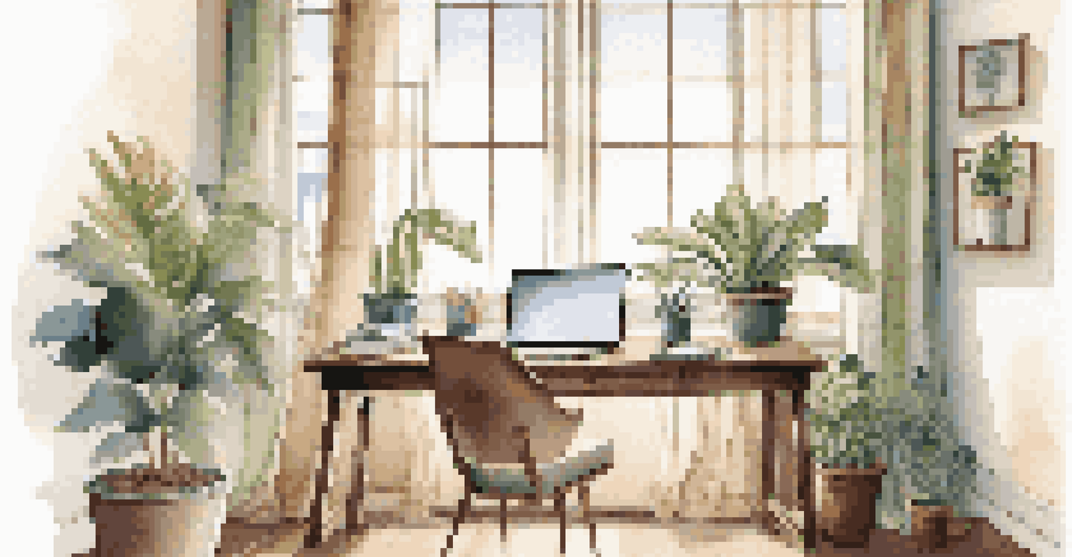 A cozy workspace with a laptop, coffee cup, and potted plant, illuminated by natural light from a window.