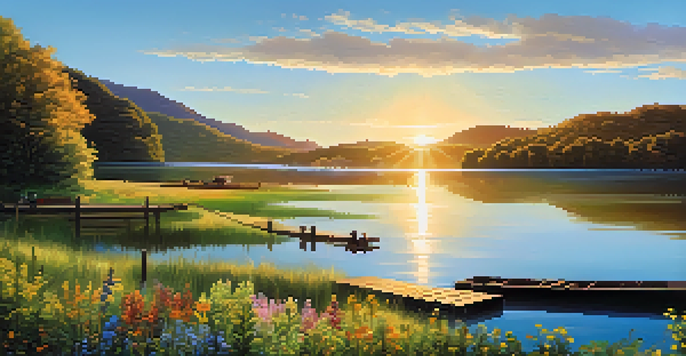 A peaceful landscape with a lake and mountains during sunset, featuring colorful wildflowers and a wooden dock.