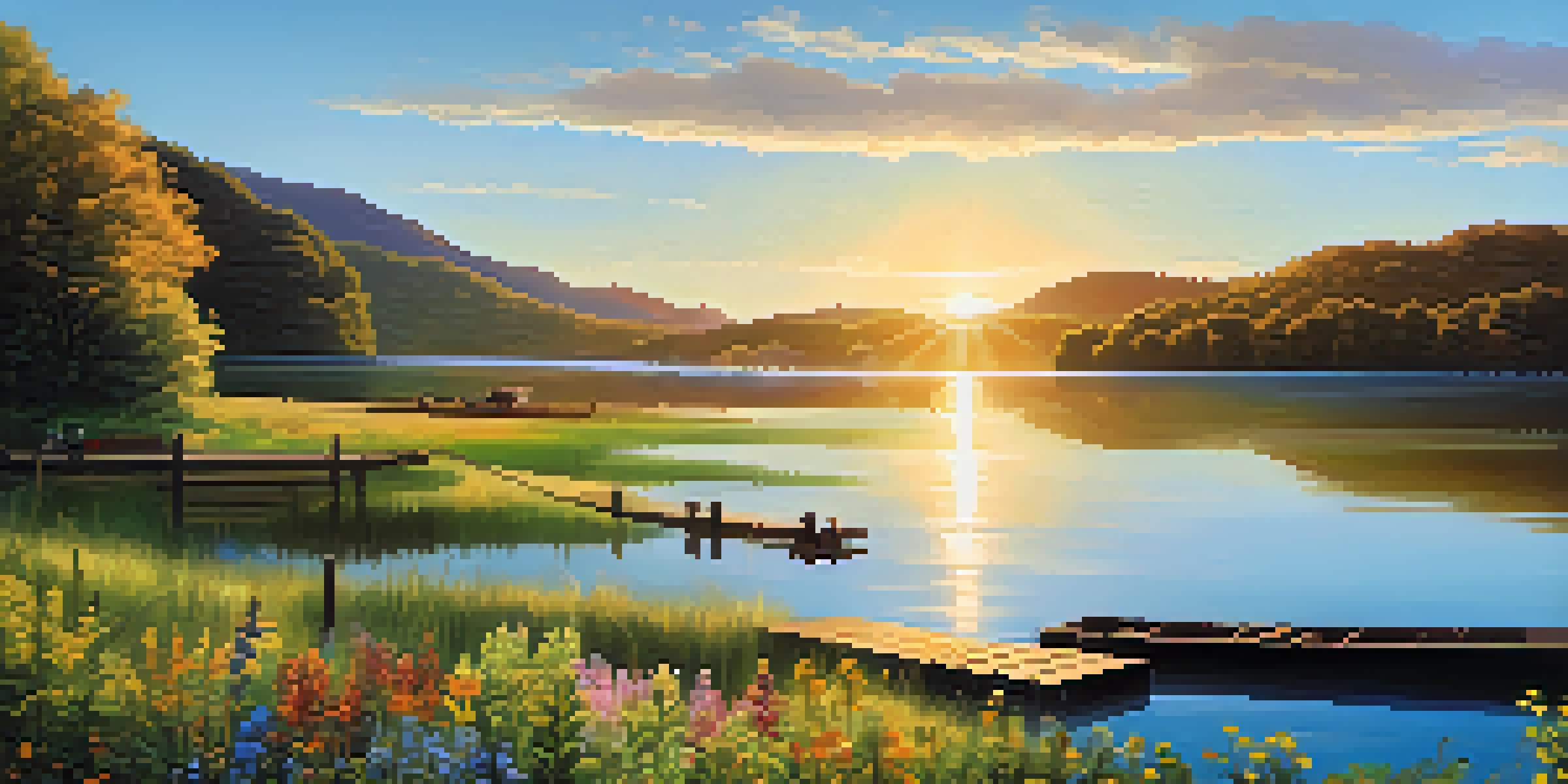 A peaceful landscape with a lake and mountains during sunset, featuring colorful wildflowers and a wooden dock.