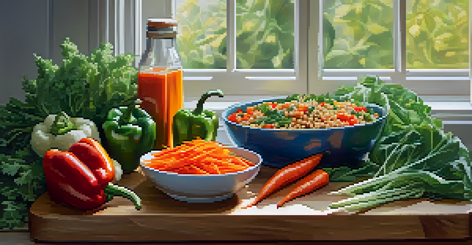 A healthy meal prep scene with colorful vegetables and quinoa on a wooden cutting board.