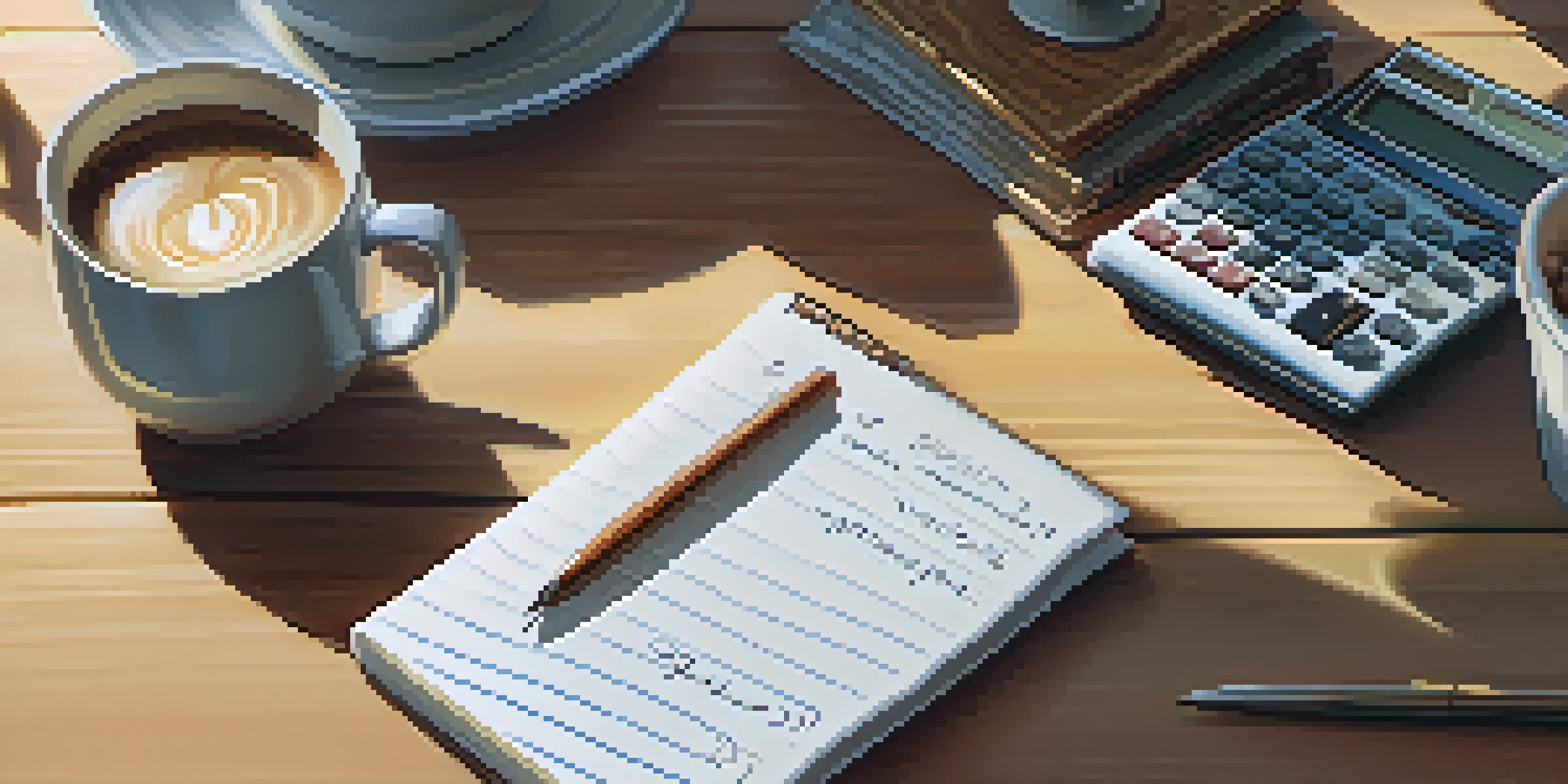 A hand writing financial goals on a notepad with a calculator and coffee cup on a well-lit kitchen table.