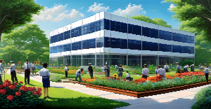A corporate office building surrounded by greenery and employees planting flowers, representing social responsibility.
