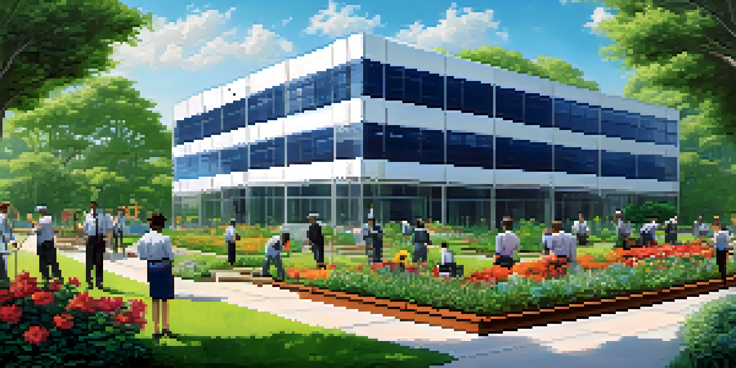 A corporate office building surrounded by greenery and employees planting flowers, representing social responsibility.