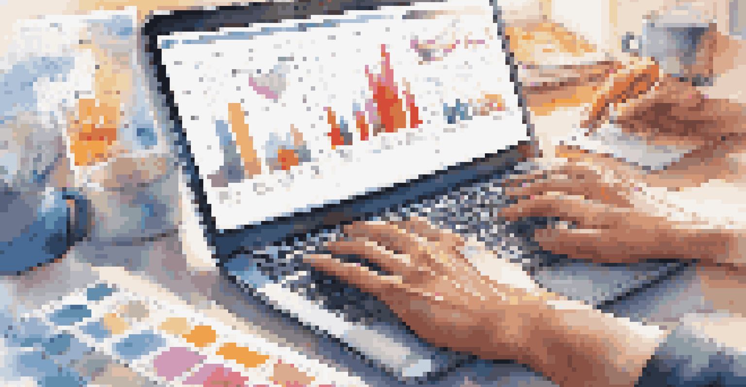 A close-up of hands typing on a laptop, surrounded by colorful charts and graphs, with a blurred background of team members in a brainstorming session.