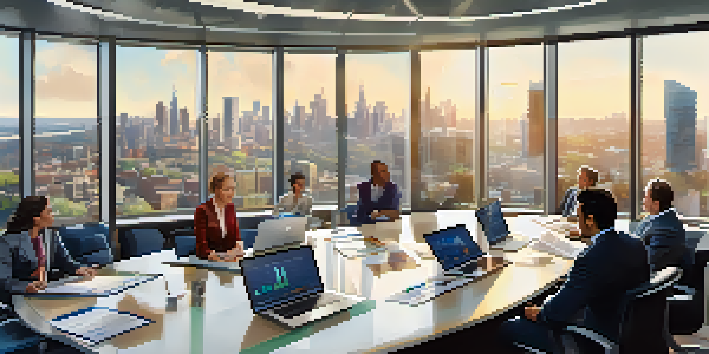 A diverse group of businesspeople in a bright office discussing investment appraisal methods with laptops and charts.