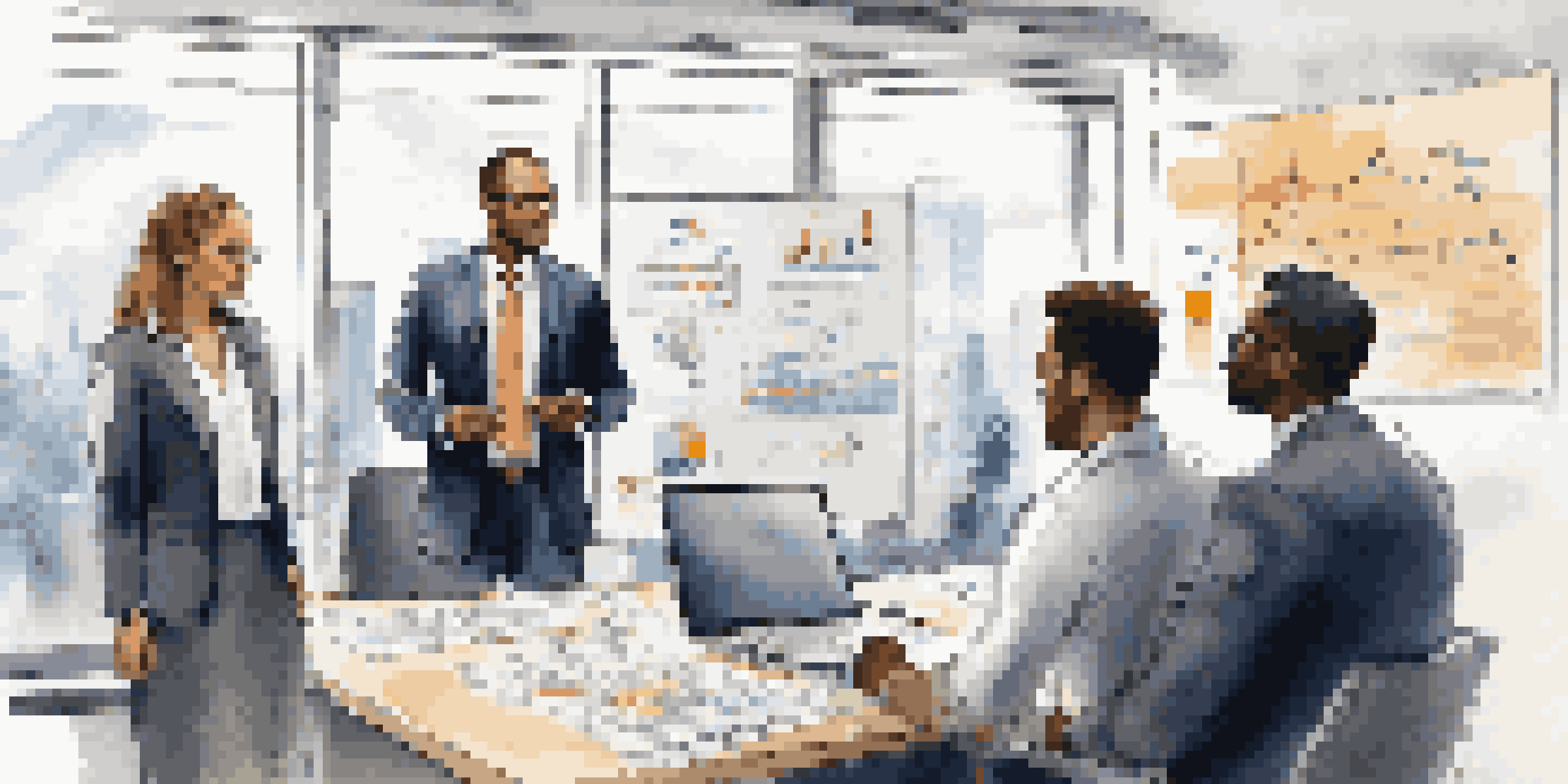 A diverse group of professionals in a bright office discussing financial strategies, with a whiteboard of graphs in the background.