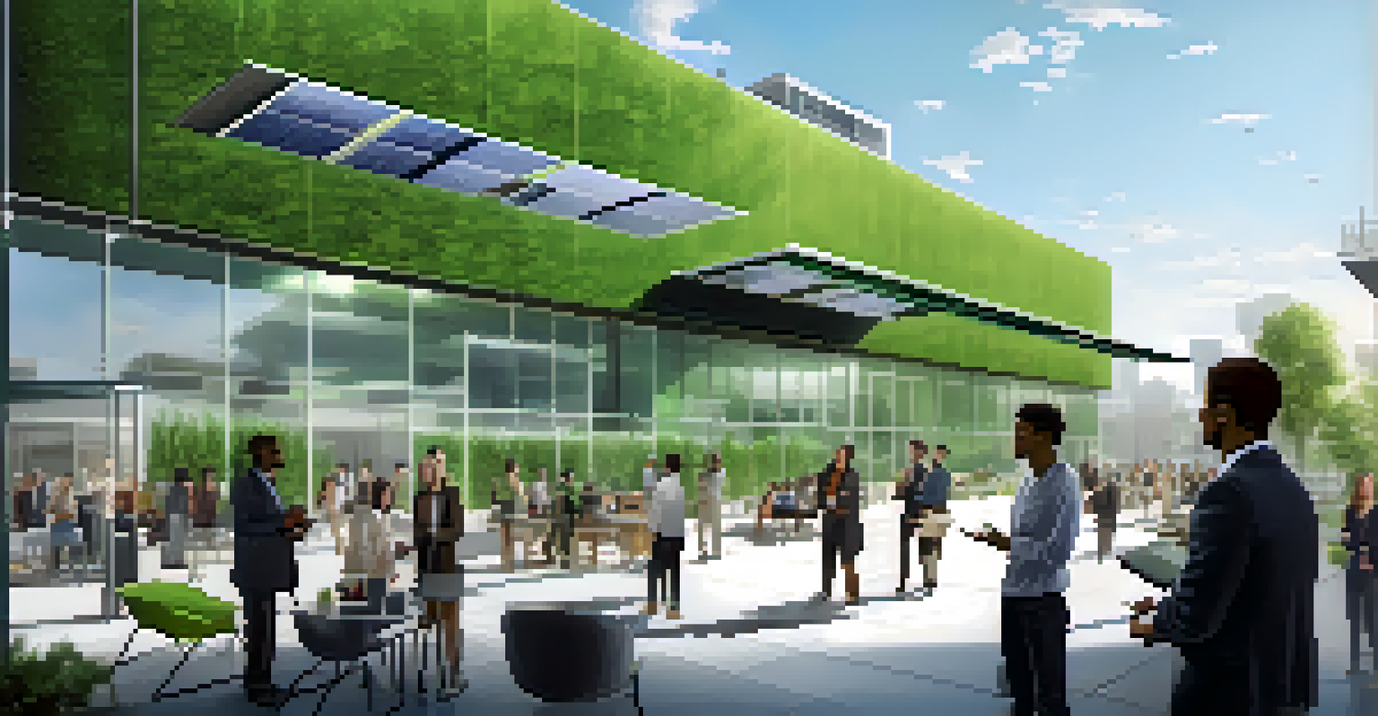 A modern office building with green features and people collaborating outside.