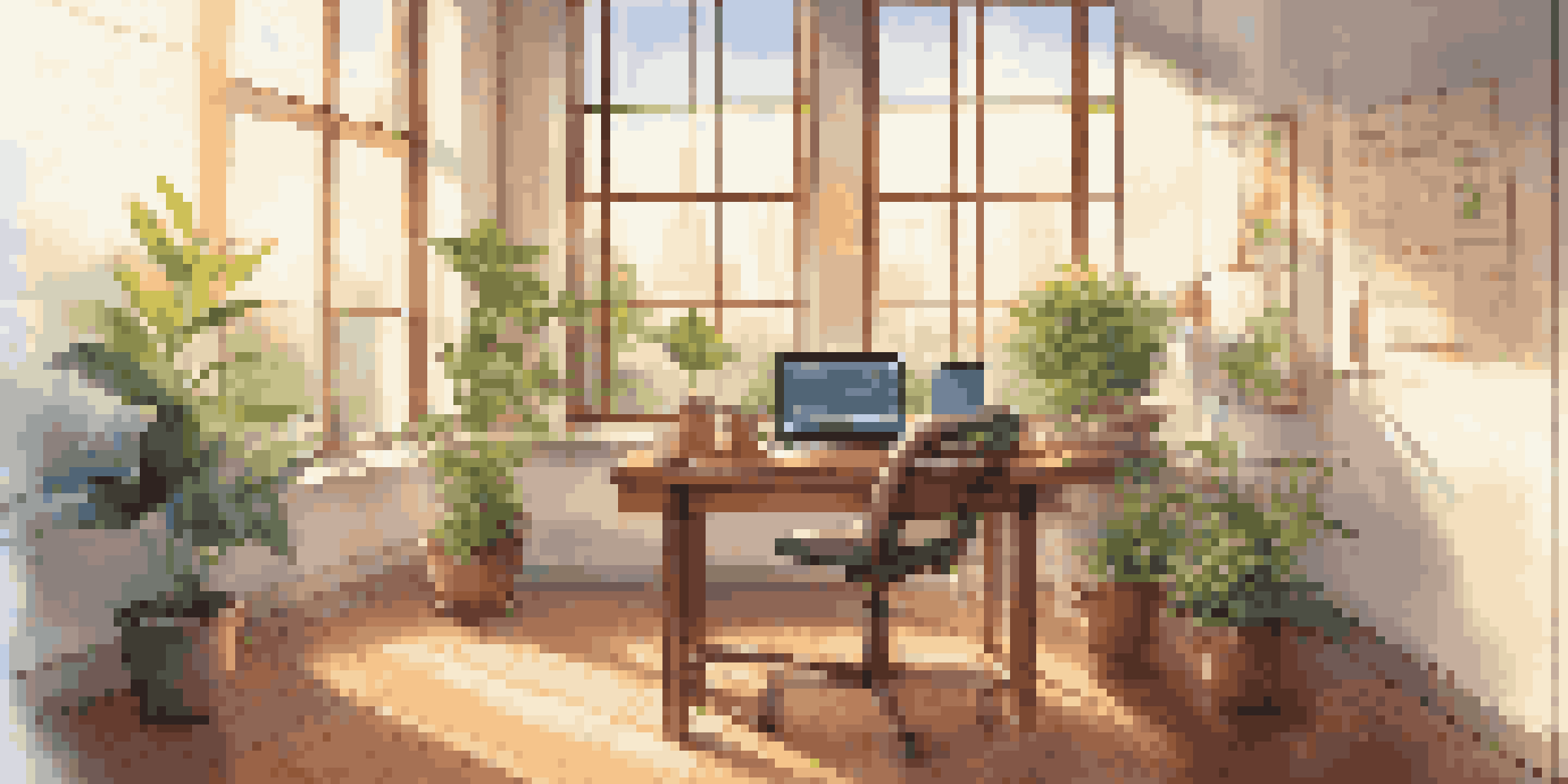 A peaceful office space with a wooden desk, laptop showing stock market graphs, and a cup of coffee, illuminated by sunlight from a window.