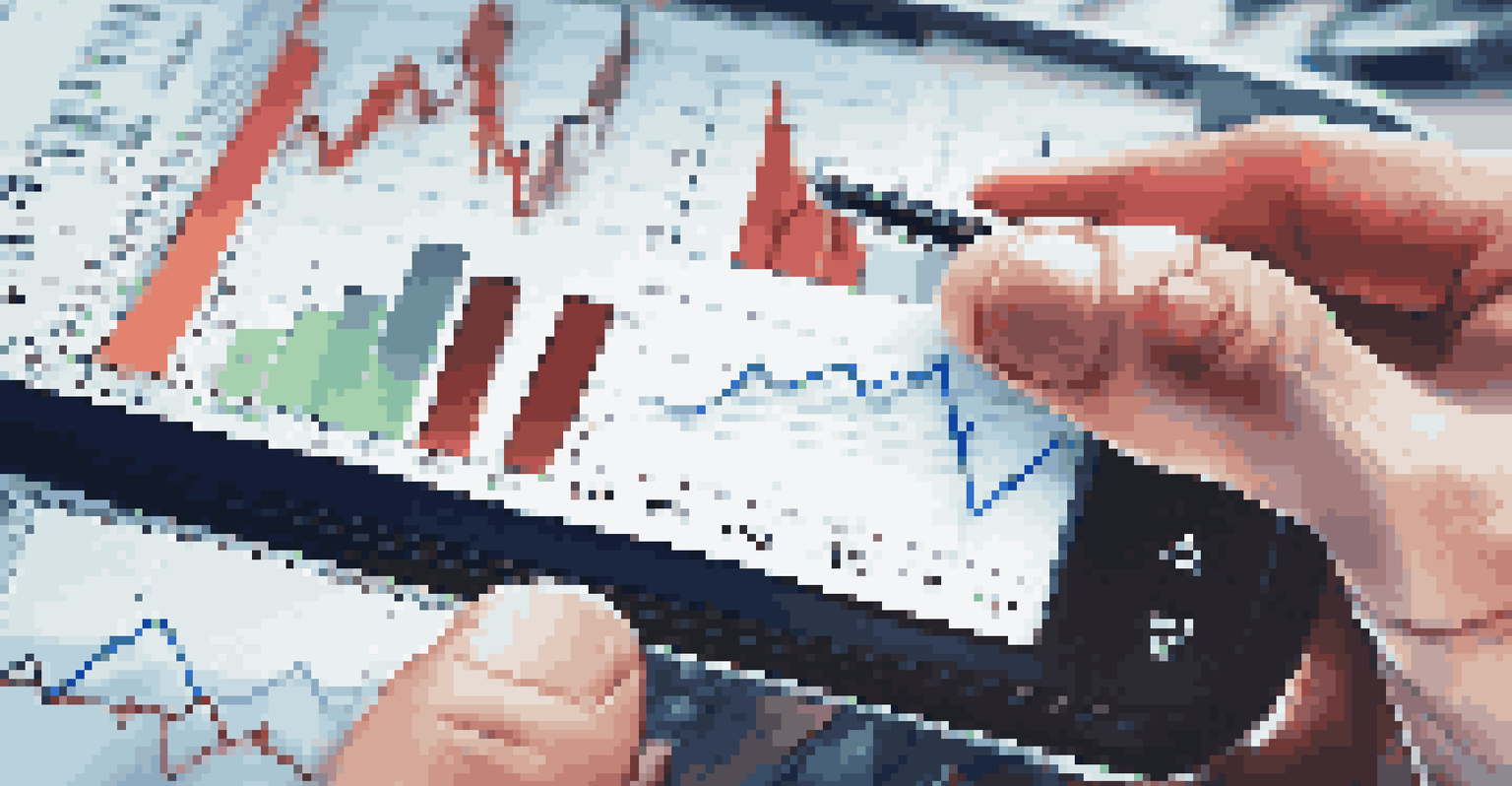 A close-up of a trader's hand using a smartphone with financial charts.