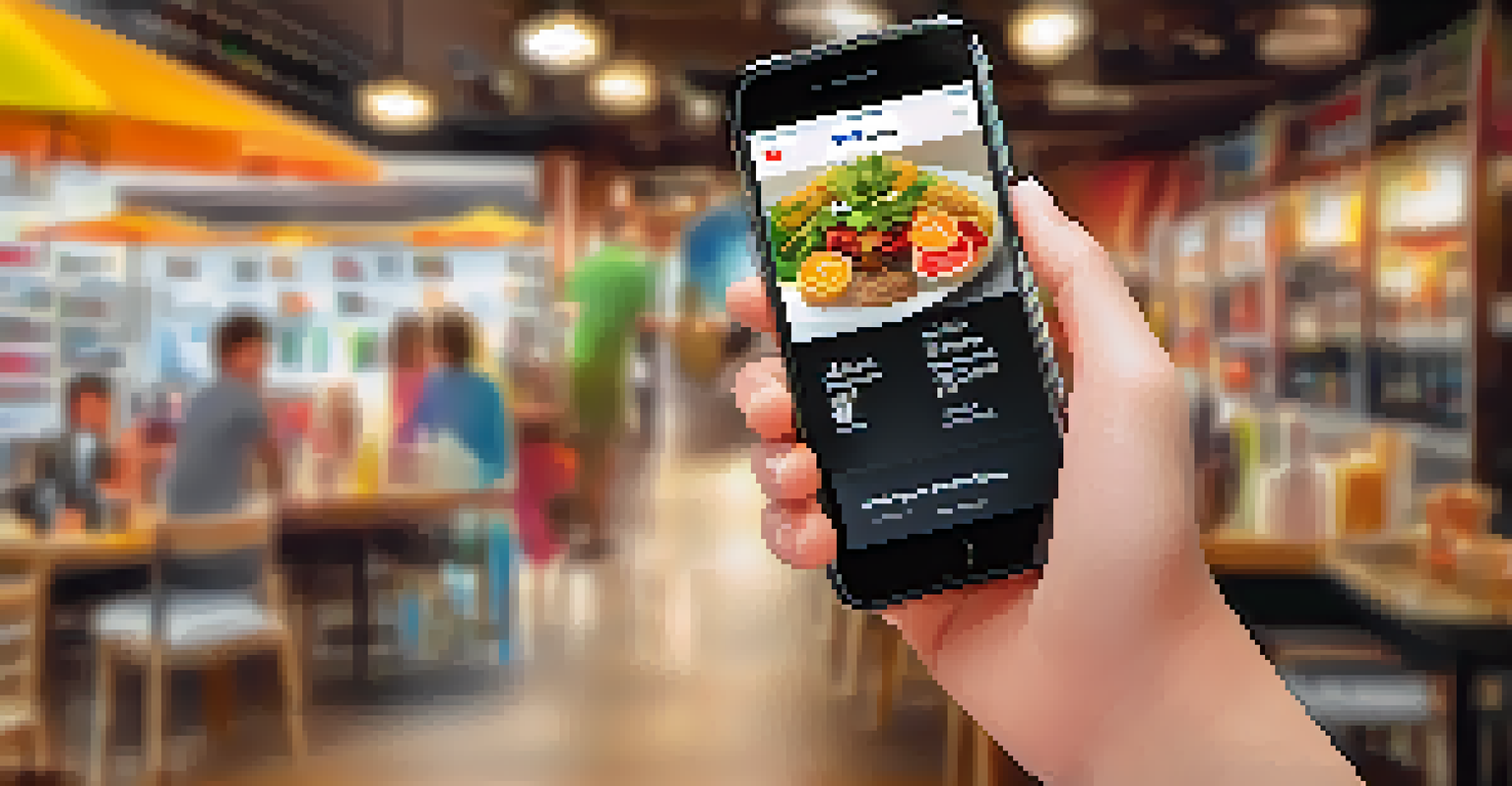 A close-up of a hand using a smartphone with an e-commerce app in a busy café.