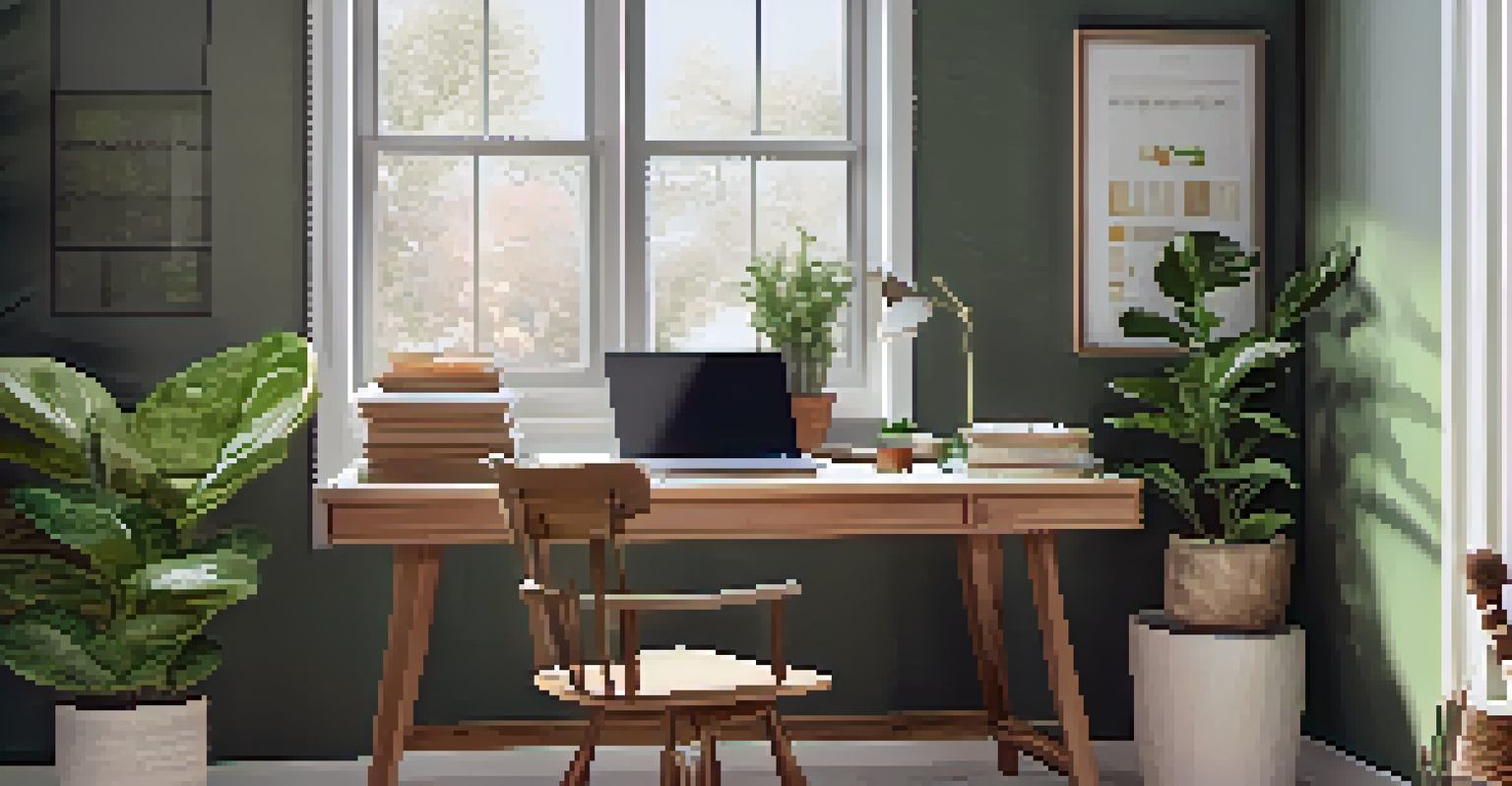 A calm home office with a wooden desk, laptop, and financial documents, illuminated by natural light from a window.