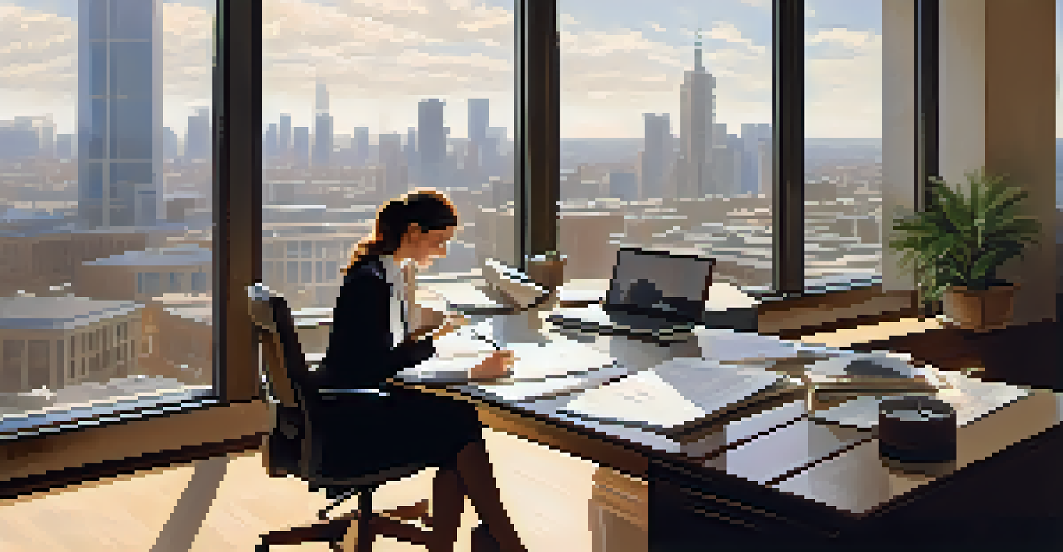 A professional woman preparing notes for a public speaking engagement in a well-lit office.