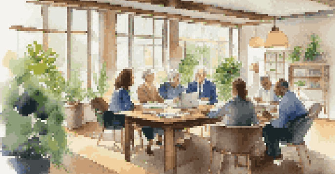 A diverse group of employees discussing retirement planning in a bright office with wooden furniture and plants.