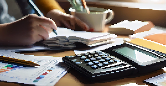 A person calculating finances with a calculator and notebook, surrounded by financial documents in a bright, cozy room.