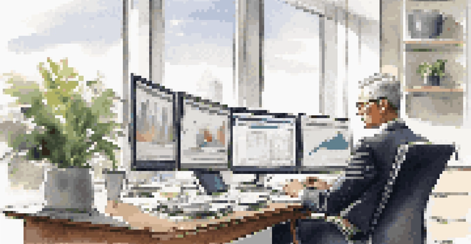 A professional financial advisor analyzing market trends at a modern desk, with multiple screens and natural light.