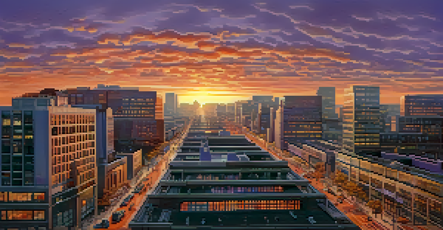 Aerial view of a busy commercial district with modern office buildings and streets filled with people and vehicles during sunset.