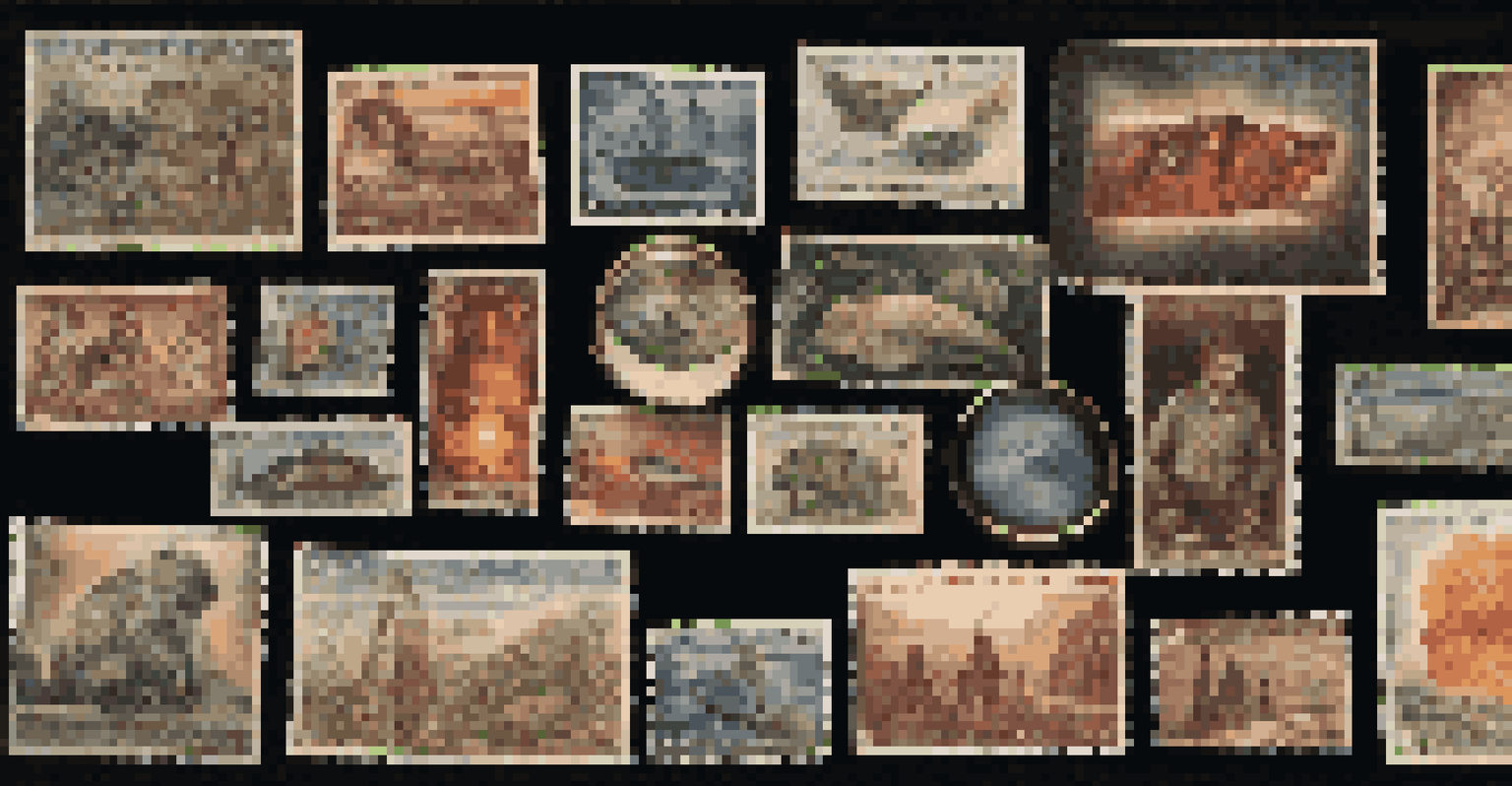 A display of collectible stamps on a dark velvet cloth, with a magnifying glass over a rare stamp.