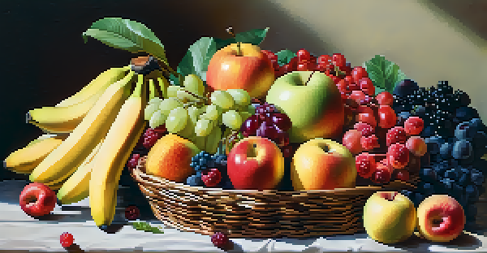 A colorful fruit basket filled with apples, bananas, and berries on a wooden table, illuminated by soft natural light.