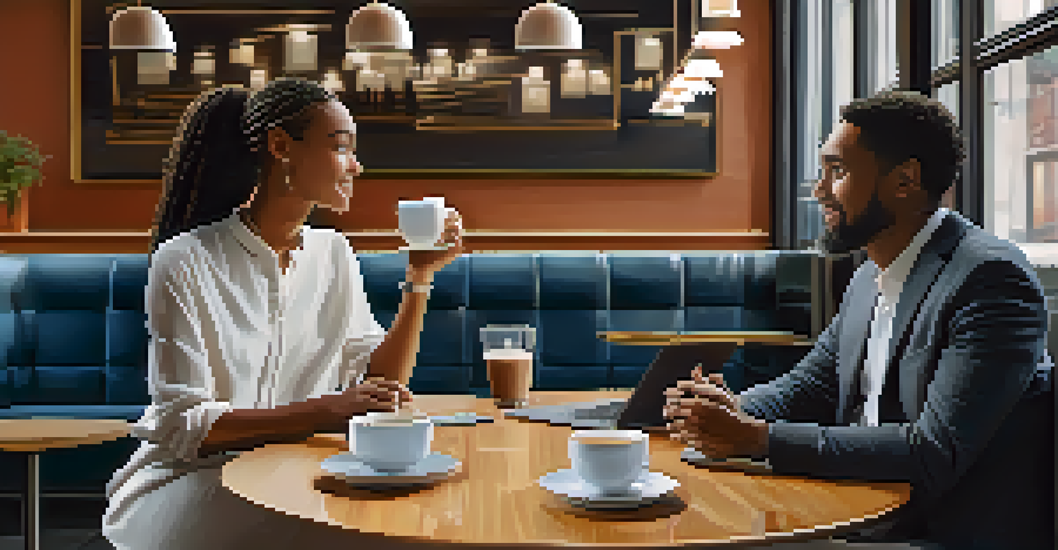 A mentor and mentee discussing investment strategies in a modern café filled with natural light.