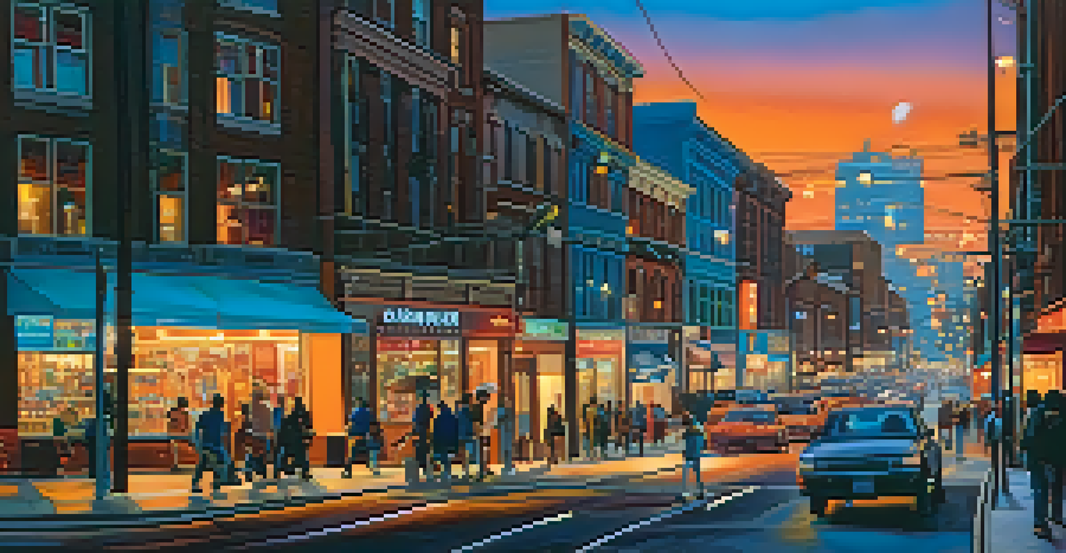 A lively city street at dusk filled with people and colorful neon lights.