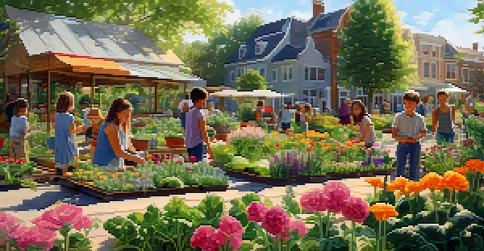 A community garden with blooming flowers and vegetables, where people are gardening and children are playing in the background.