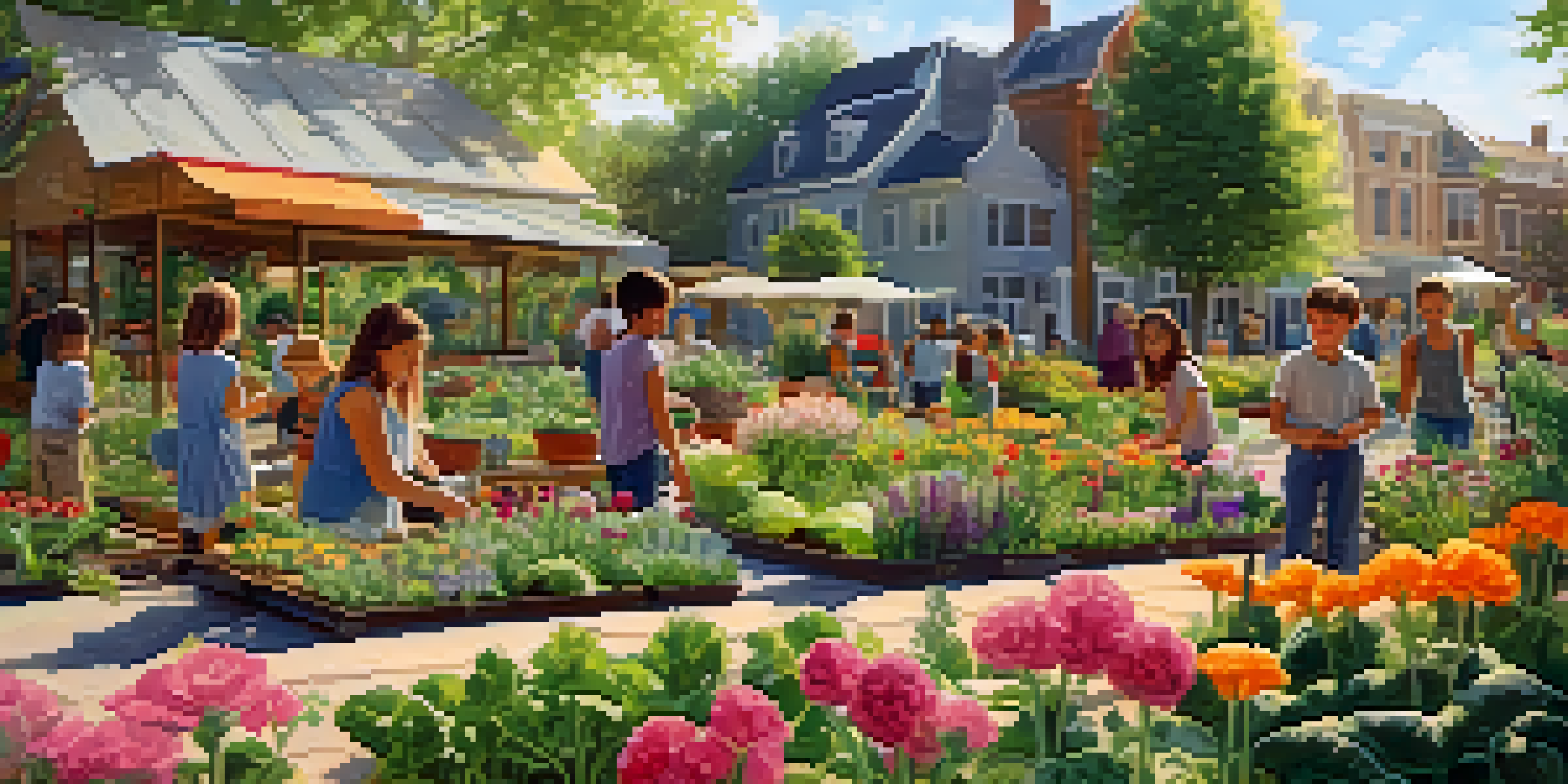 A community garden with blooming flowers and vegetables, where people are gardening and children are playing in the background.