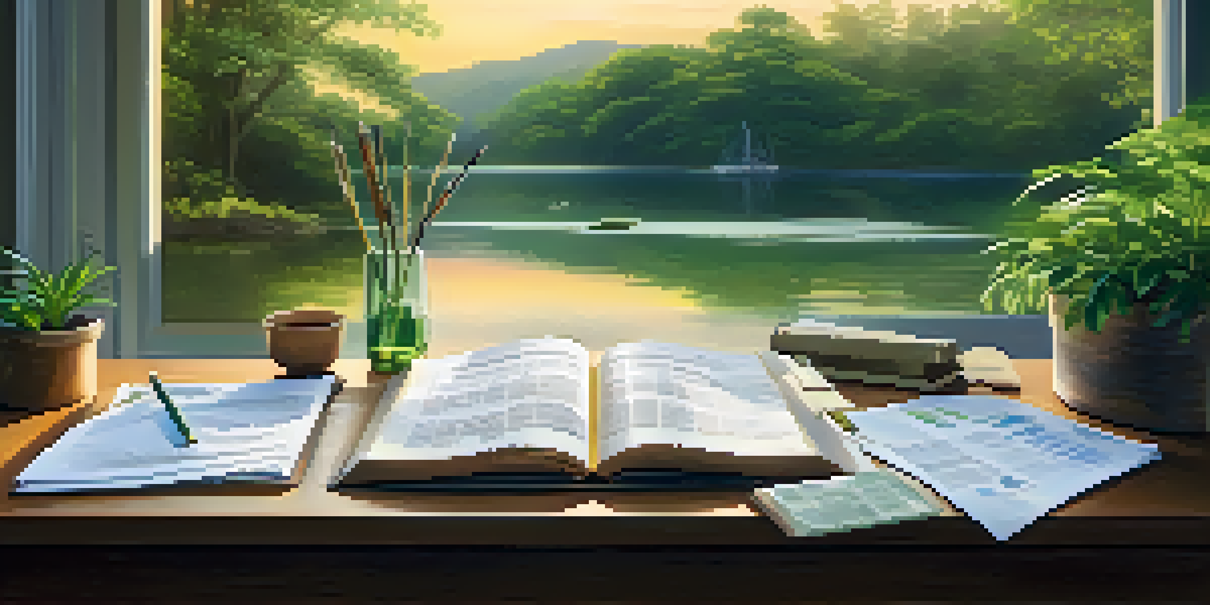 A peaceful landscape with a wooden table displaying financial documents, surrounded by plants and a sunrise over a tranquil lake.