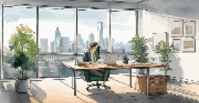 A bright modern office with a city skyline view, featuring a desk and a person reviewing documents.