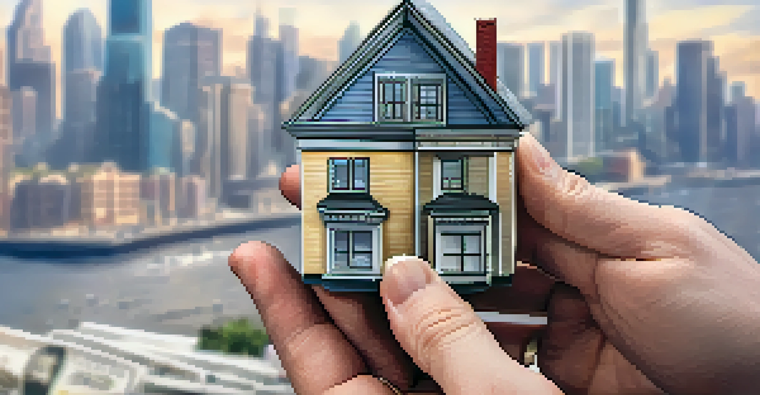 Hands holding a miniature house model with a city skyline in the background, symbolizing real estate investment.