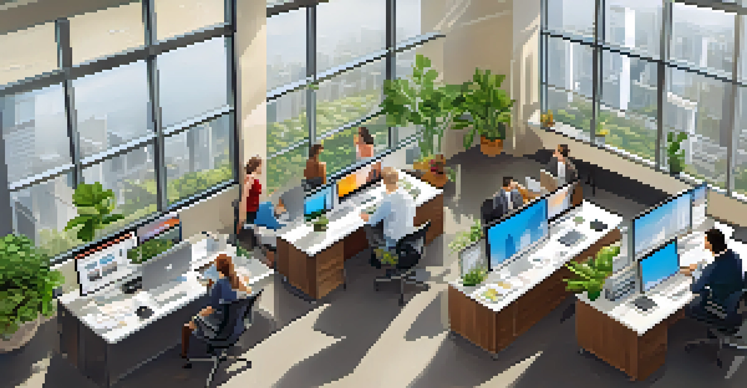 A busy real estate office with agents working together around a table filled with property listings and laptops in a bright space.