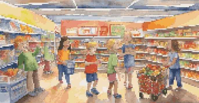 A colorful mock grocery store where children are role-playing as customers and a cashier, surrounded by grocery items and play money.