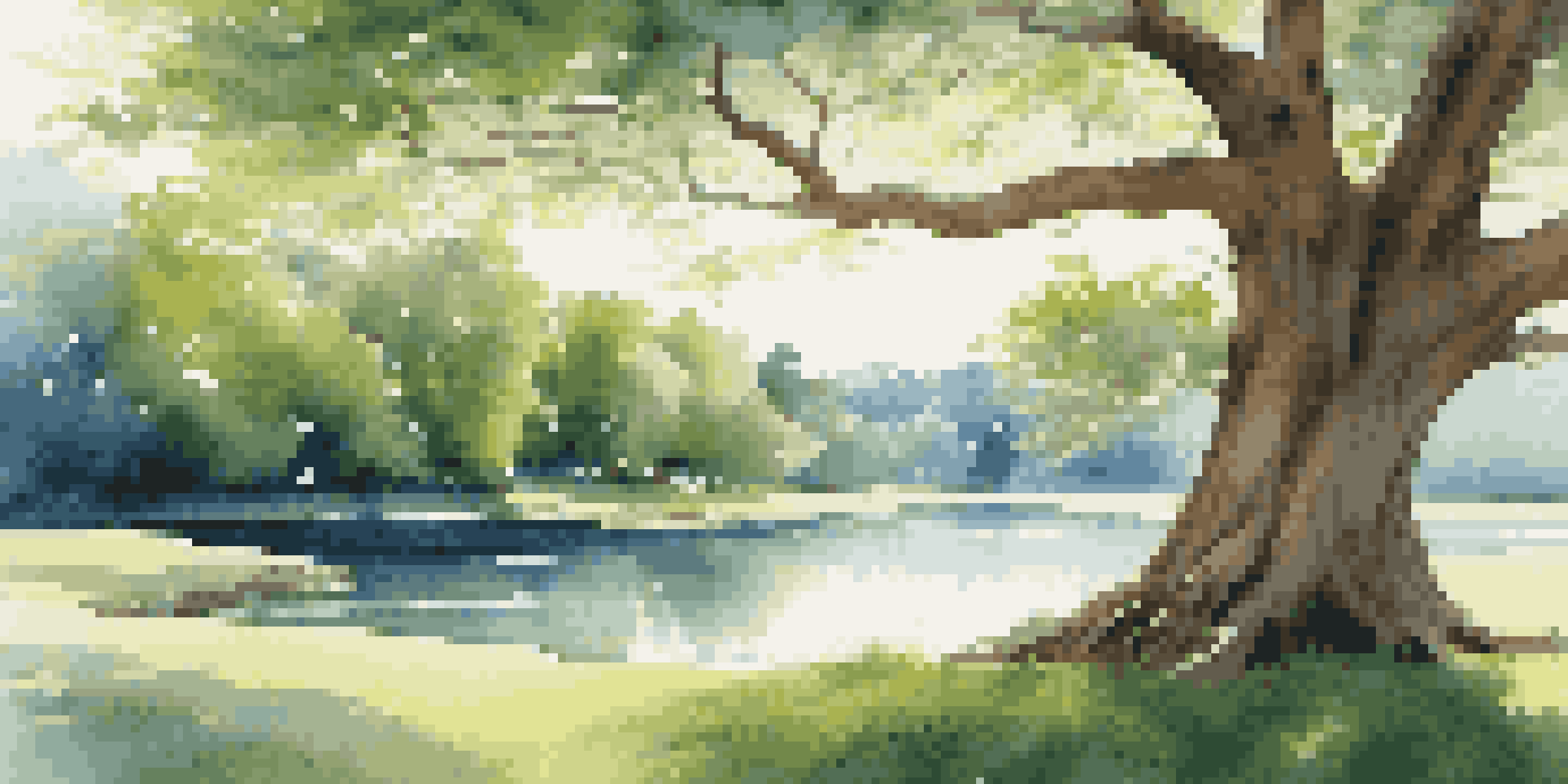 A peaceful landscape with a large tree providing shade, surrounded by green grass and a flowing river under a blue sky.