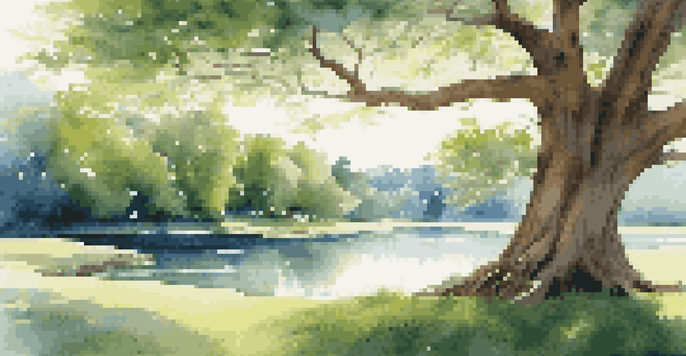 A peaceful landscape with a large tree providing shade, surrounded by green grass and a flowing river under a blue sky.