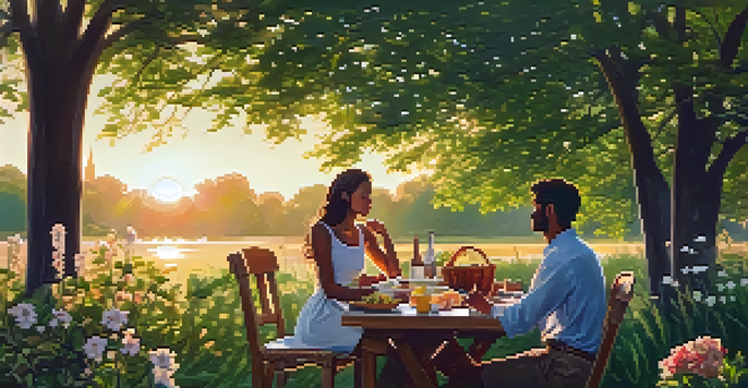 A young couple having a picnic in a park during sunset, surrounded by greenery and flowers.