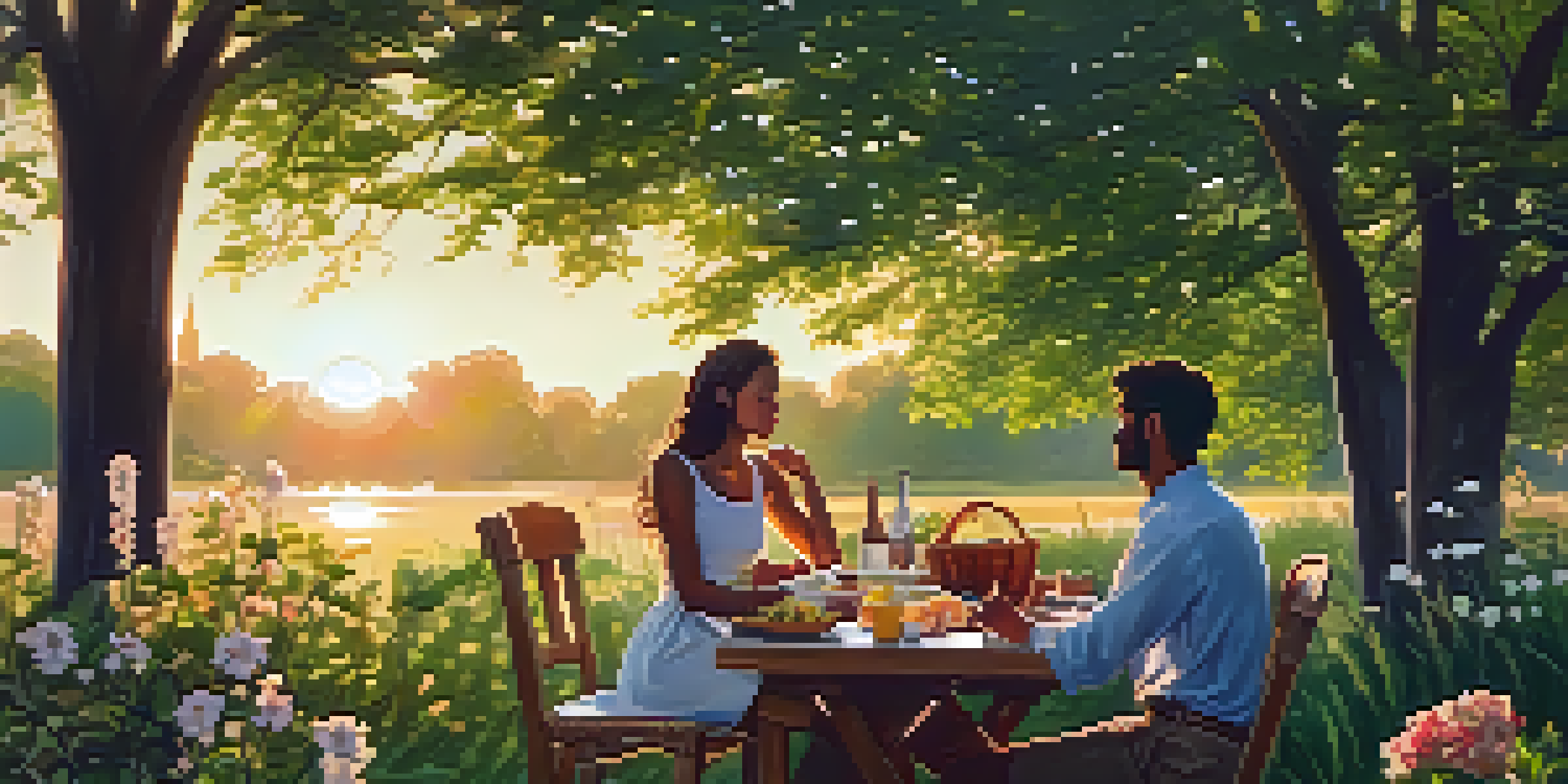 A young couple having a picnic in a park during sunset, surrounded by greenery and flowers.