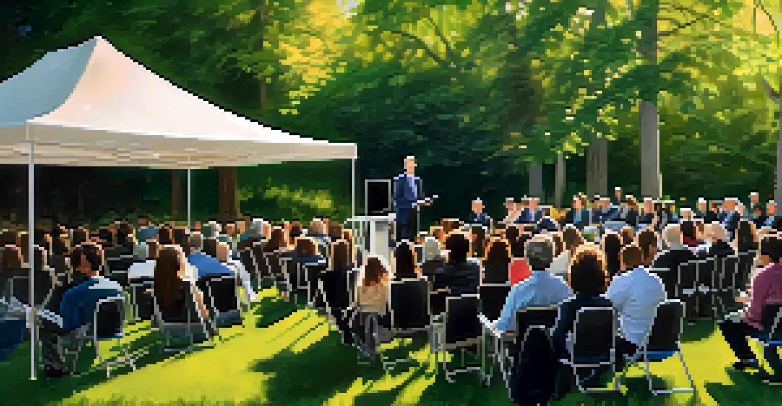 A speaker at a financial seminar addressing an audience in a park, surrounded by trees and sunlight, with attendees taking notes.