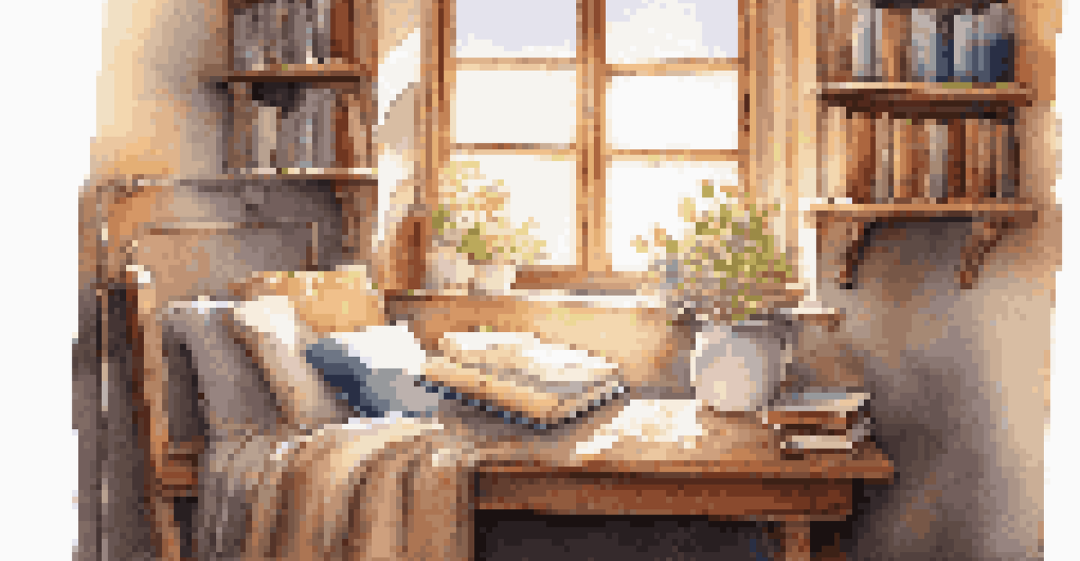 A cozy reading nook by a window with cushions, books, and sunlight streaming in.