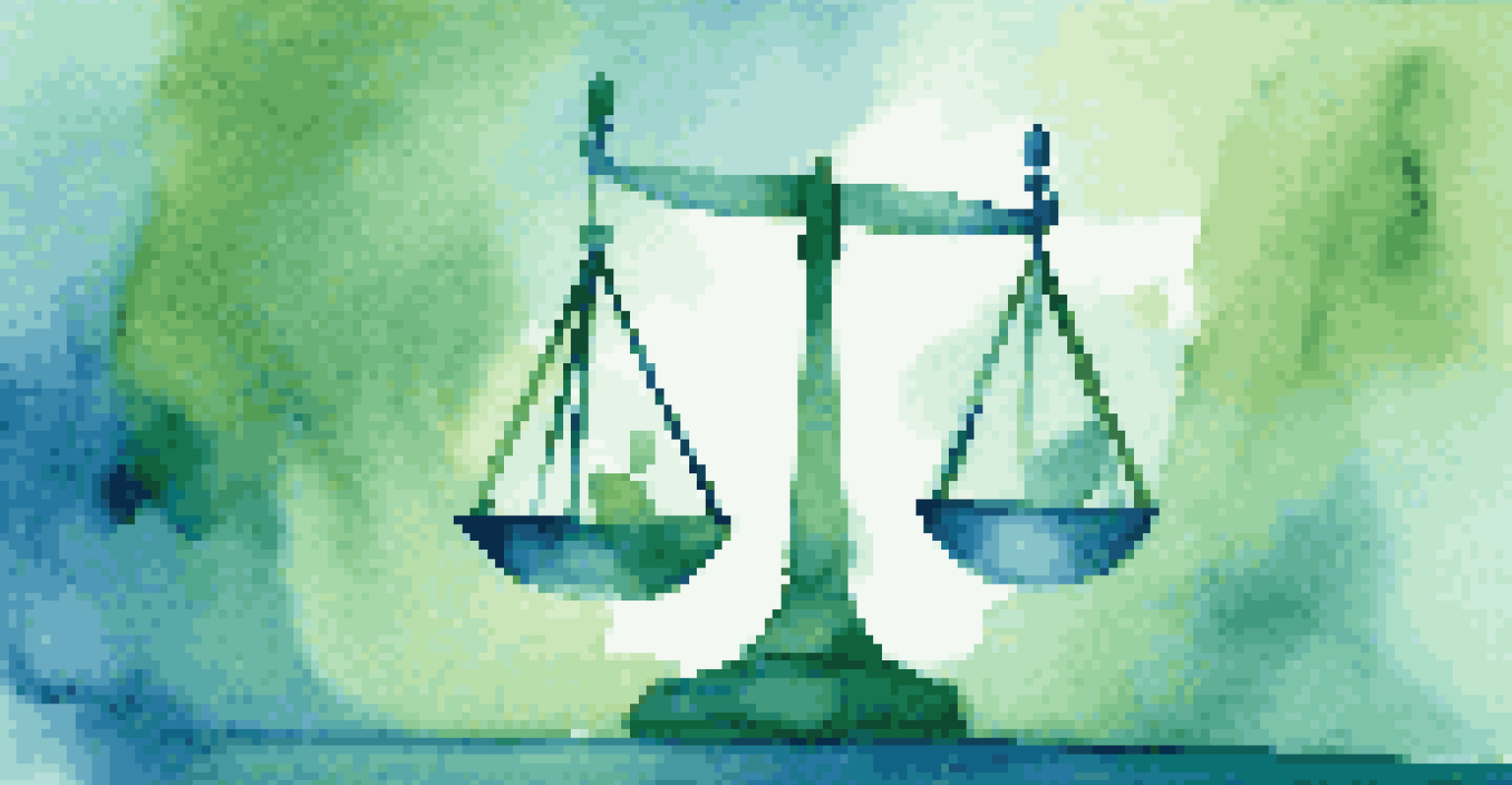 An abstract image of a balanced scale on a calm blue and green background, representing ethical finance.