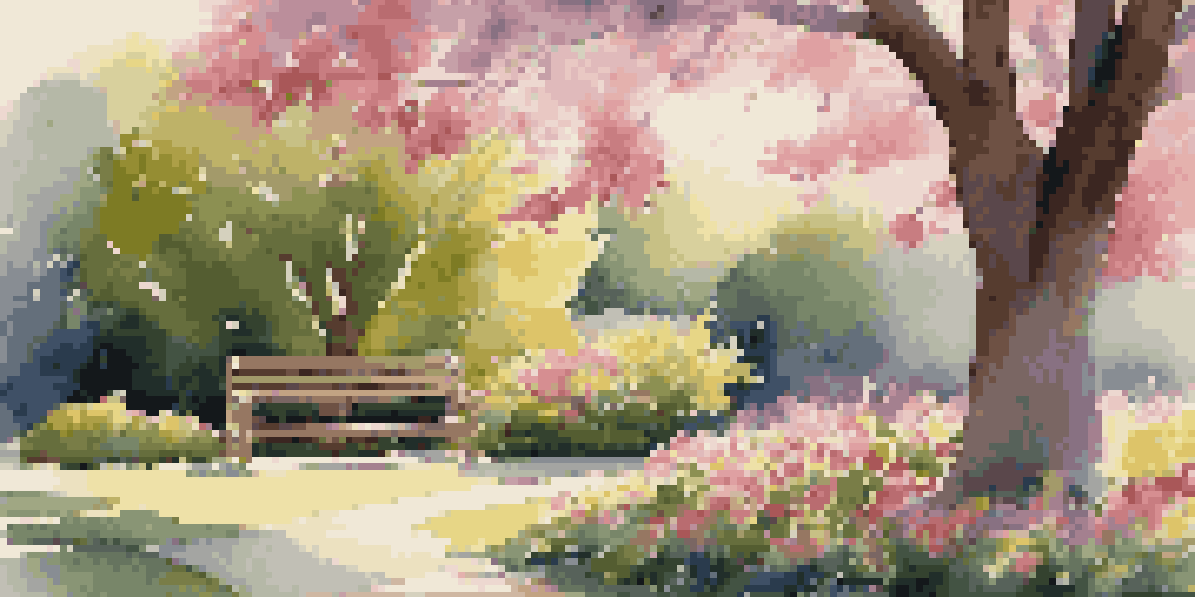 A vibrant spring garden filled with colorful flowers and a wooden bench under a flowering tree, bathed in golden sunlight.