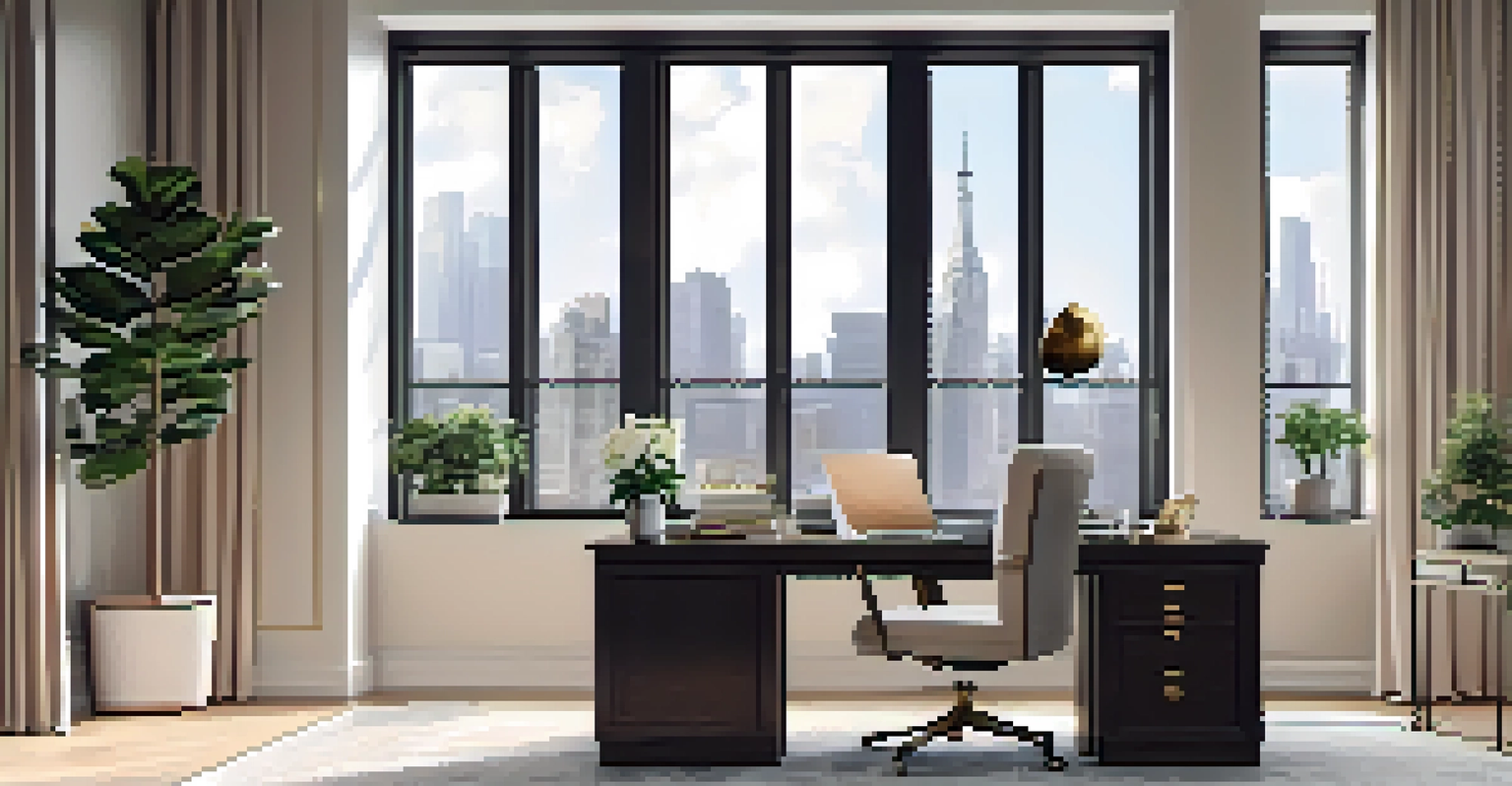 A stylish home office with a large window, a tidy desk with a laptop and documents, decorated in soft neutral colors.