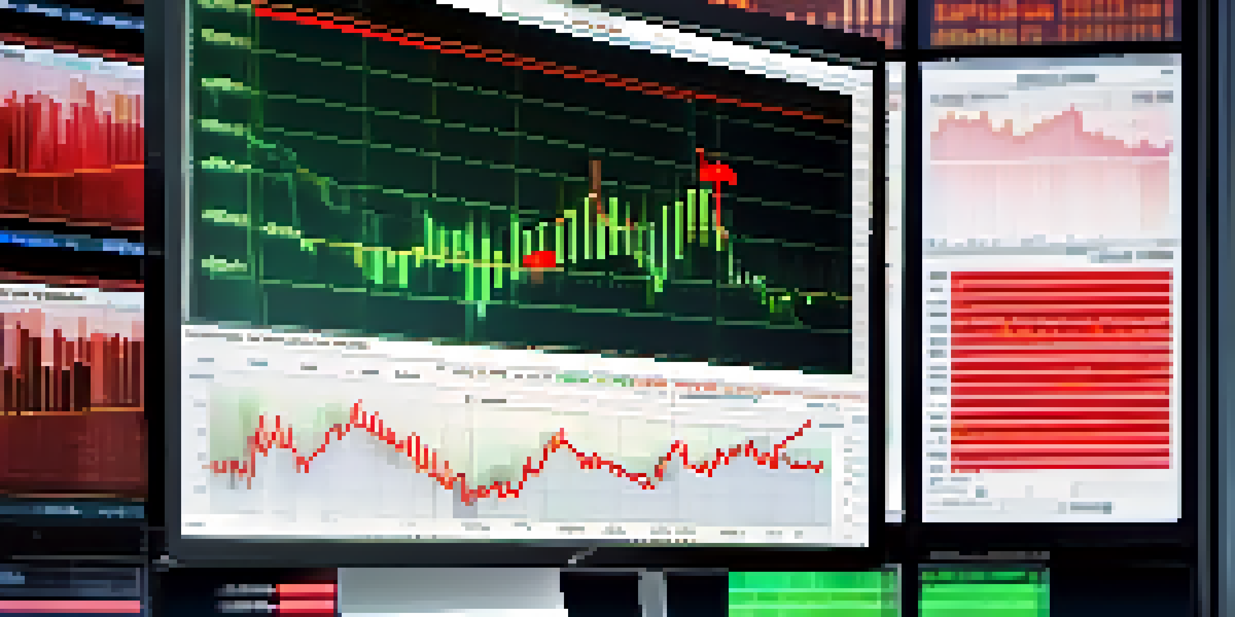 A close-up shot of a stock market graph with green and red lines, a person in the background analyzing data.