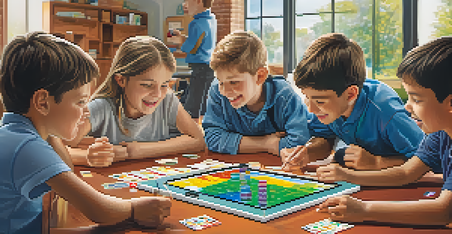 Children playing an investment simulation game, surrounded by charts and game pieces, focused on learning about finance.