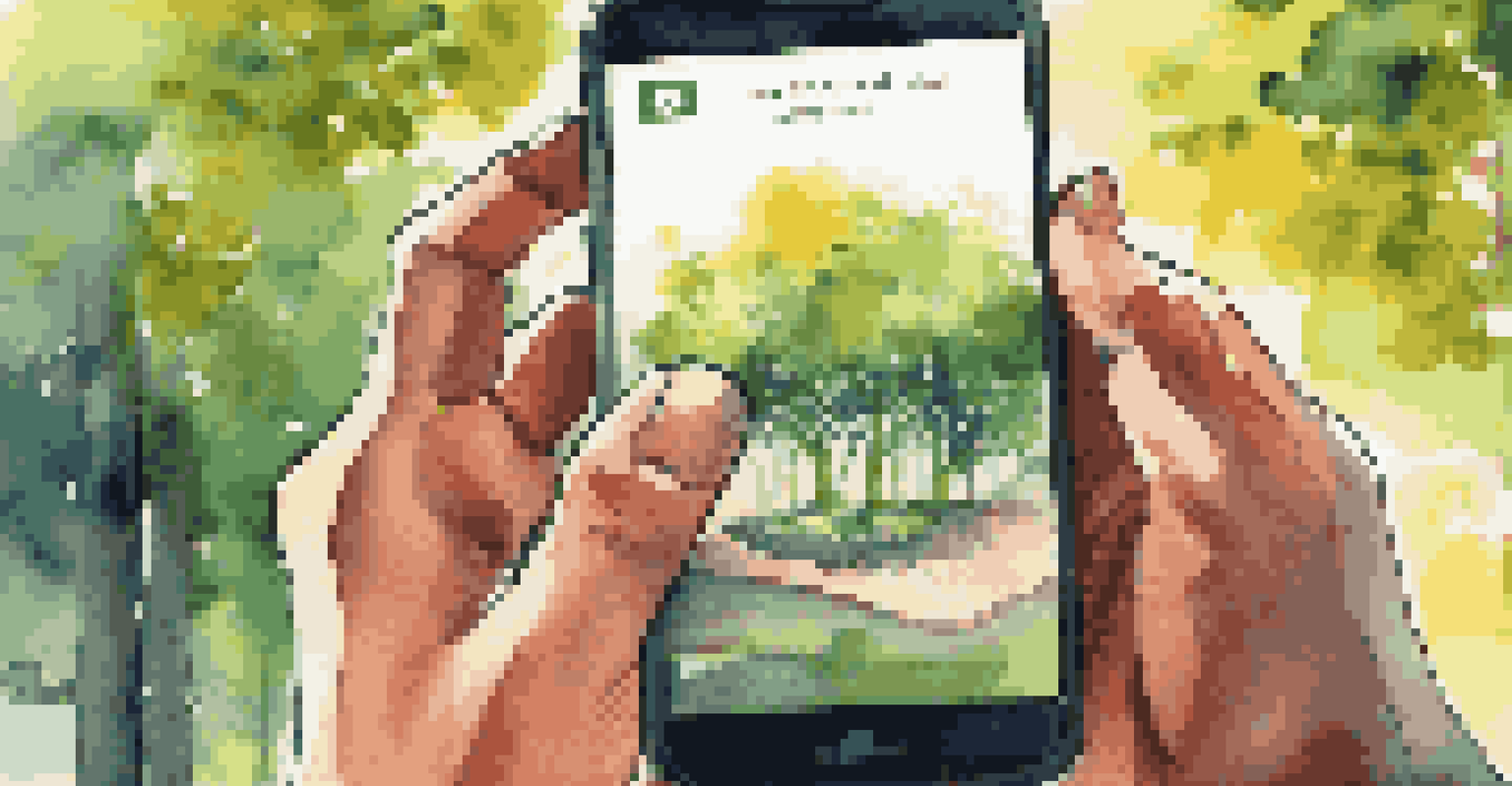 Close-up of hands holding a smartphone with a crowdfunding platform displayed, surrounded by nature.