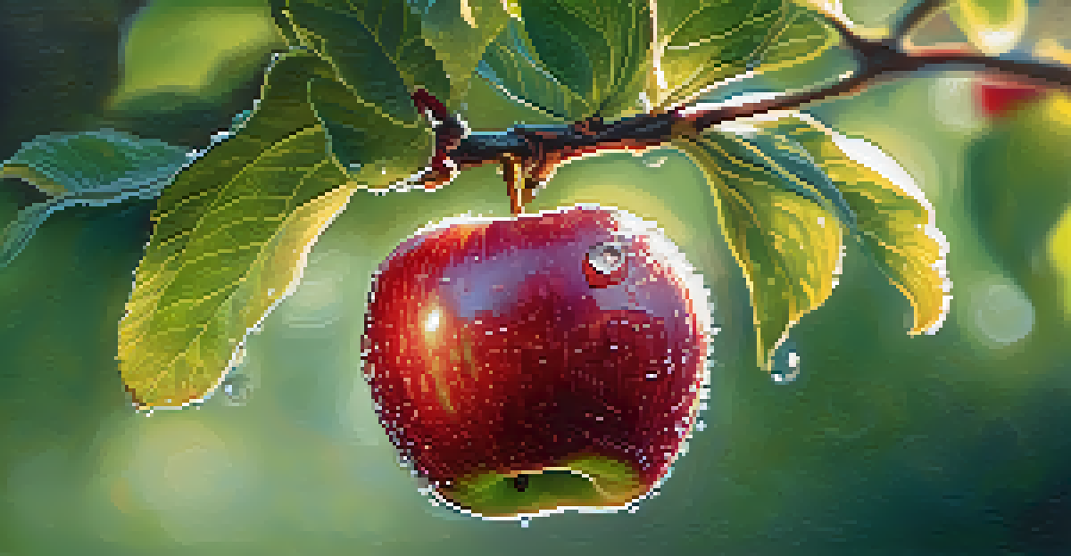 A close-up of a dewy red apple on a tree branch, with soft focus on the background.