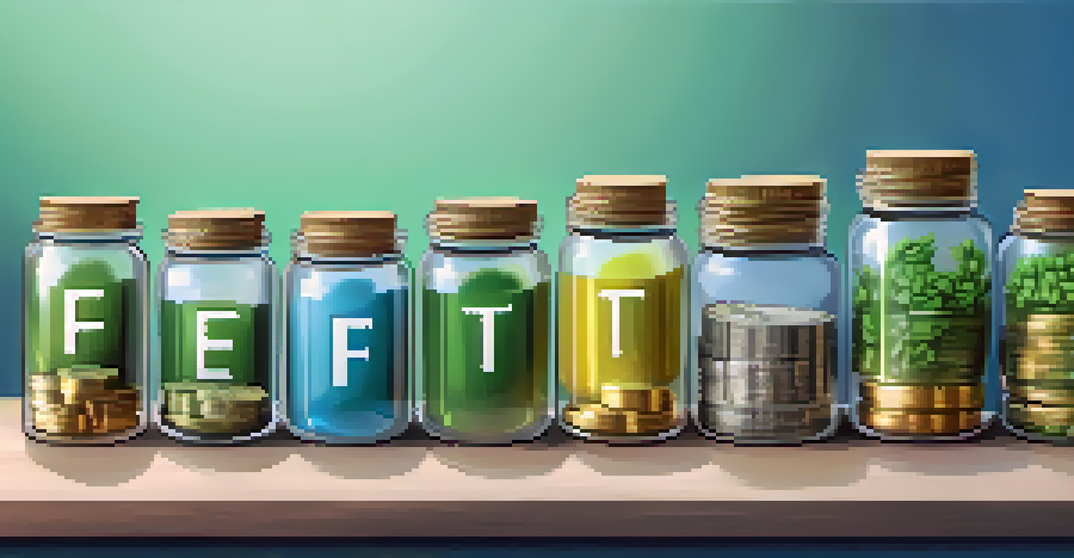Colorful jars filled with coins and bills labeled as 'Mutual Fund,' 'ETF,' and 'Index Fund' against a blue to green gradient background.