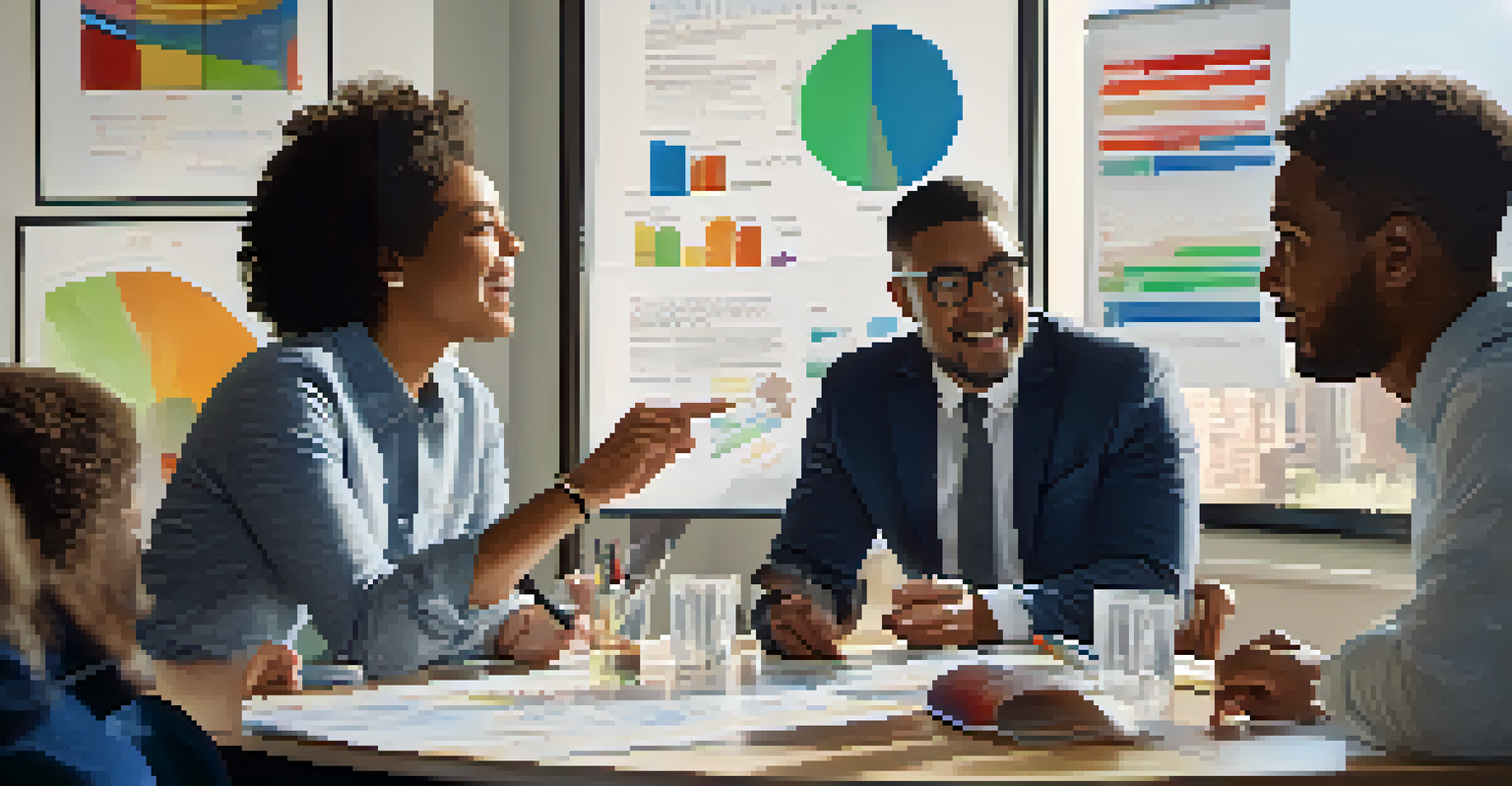 A diverse group of individuals discussing investment strategies around a table, with charts on a whiteboard and natural light illuminating the room.